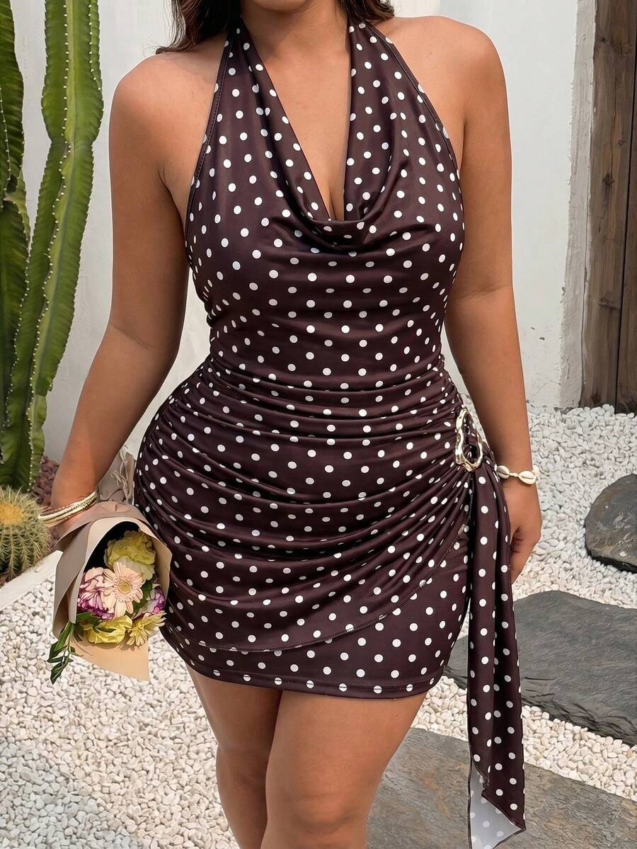 Sunnyshic Summer New Coffee Color Polka Dot Draped Neck Ruffle Pleated Cinched Waist Ribbon Metal Ring Sexy Style Hot Girl Dress - Coffee Brown - View 1