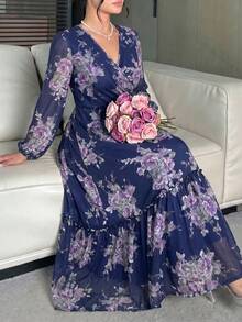 Modelyn 大尺碼女款花卉印花長袖優雅洋裝 - 藍色 - 查看 3