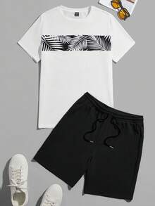 Manfinity BRENVOR Men's Crew Neck Printed Fashion Casual T-Shirt And Shorts 2-Piece Set - Black - View 1