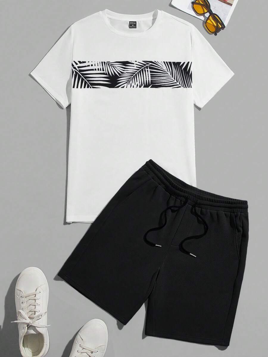 Manfinity BRENVOR Men's Crew Neck Printed Fashion Casual T-Shirt And Shorts 2-Piece Set - Black - View 1