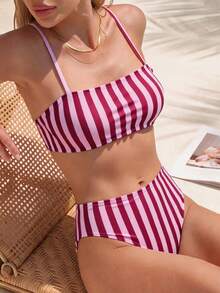 Swim Mod Women's Spring/Summer Vacation Casual Sexy Random Print Striped Bandeau Top And Sexy High Waist Bikini Bottom 2pcs Set - Multicolor - View 4