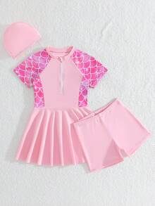SHEIN 3件組女孩泳衣套裝，魚鱗印花，針織面料，適合游泳、夏季泳池、海灘水上遊戲，精緻優雅女士防曬防走光泳裝套裝 - 粉色 - 查看 4