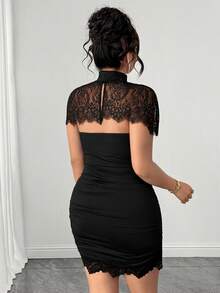 SHEIN Clasi Plus Size Women's Spring Summer Detachable Collar Lace Splicing Stand Collar Slim Dress Suitable For Cocktail Sexy Formal Elegant Black - Black - View 2