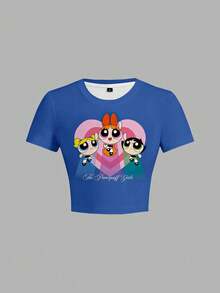 THE POWERPUFF GIRLS X SHEIN 女士卡通印花紧身休闲圆领短袖T恤，夏季 - 白色 - 查看 7