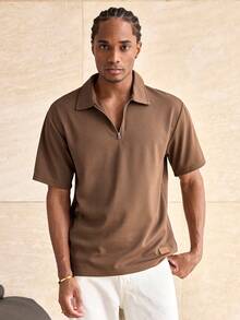 ESTAVOR Men's Casual Loose Polo Shirt, Half-Zip, Solid Brown, Standard Size, Summer - Brown - View 3