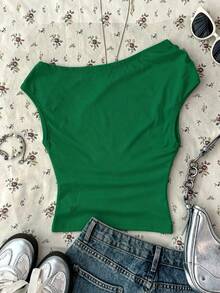 Attitoon Women's Fitted Asymmetric Ruched Asymmetric Neck Cropped Top - Green - View 2