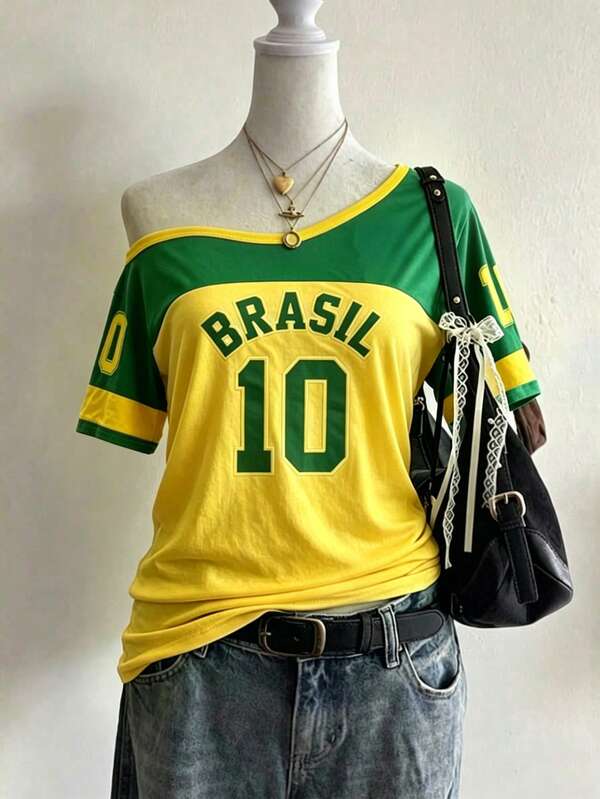 Lalippa Brazil No. 10 Print Yellow & Green Color Block Asymmetric Shoulder Asymmetric Neck Short Sleeve Plus Size T-Shirt