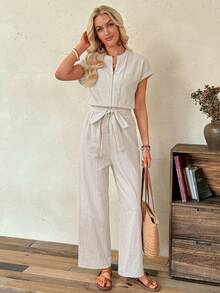 EMERY ROSE Jumpsuit Kasual Wanita Warna Polos dengan Resleting Depan dan Tali Pinggang - Khaki - View 3
