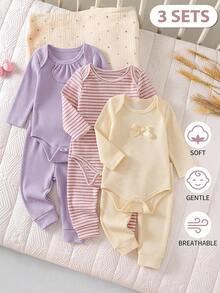 SHEIN 新生兒圓領長袖連身衣與長褲套裝 - 彩色 - 查看 9