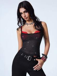 Y2Kool Red And Black Colorblock Lace Patchwork Mesh Rhinestone Sheer Sexy Y2K Punk Casual Street Style Women's Tank Top Summer Parties Going Out Club Holiday - Red and Black - View 5