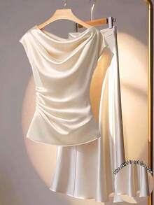 EMERY ROSE Women's Ruched Collar Solid Color Elegant Business Blouse - Apricot - View 3