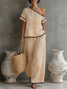 Breezaya Women's Black And Beige Contrast Trim 2-Piece Set,Asymmetric Neck Top+Pants,Summer Modest Holiday Vacation,Textured Fabric Outfit - Apricot - View 9
