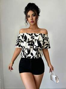 Elenzga Blusa de mujer para vacaciones con estampado de plantas, volantes y hombros descubiertos - Albaricoque - Ver 4
