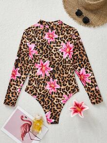 Swim SPRTY Traje de baño de una pieza con estampado de leopardo y flores, traje de surf - Multicolor - Ver 7