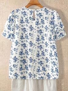 SHEIN LUNE CURVE 大尺碼女款素色圓領雙層袖短袖休閒襯衫，休閒時尚百搭壓褶夏季度假女上衣，度假夜店出遊上衣 - 藍色 - 查看 2