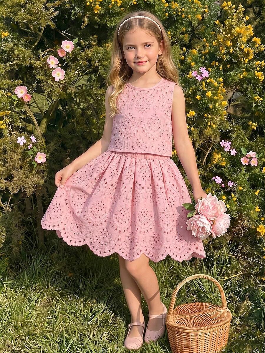 Souflis Souflis Young Girls 2pcs Set Pink Eyelet Embroidery Sleeveless Tank Top & Scalloped Hem Flared Skirt Outfits Sweet Boho Holiday Clothes - Pink - View 1