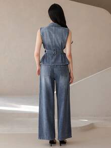 DAZY Damen lässiges Set aus locker sitzender ärmellose Bluse und gerader Jeans, geeignet für Frühling und Sommer - Blau - Übersicht 2