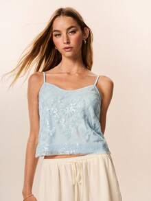 Willow Rêve 女款藍色刺繡串珠細肩帶上衣，休閒度假風，波西米亞風格，派對穿搭 - 藍色 - 查看 4