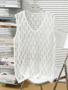 Manfinity Hypemode Áo vest dệt kim nam kiểu dáng casual, thoải mái, khoét lỗ, màu trắng, thích hợp cho kỳ nghỉ hè và đi biển. - trắng - Xem 2