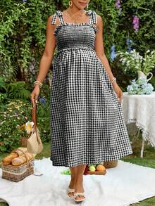 Lyckli Maternity Plaid Pattern Ruffle Pleated Bow Shoulder Strap Tank Dress Oktoberfest Breastfeeding Going Home Postpartum Summer Baby Shower Black - Black and White - View 5