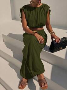 Zivah Women's Solid Color Pleated Top And Lantern Pants Casual Daily Set - Army Green - View 5