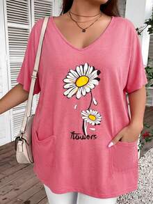 SHEIN CURVE+ Plus Size V-Neck Daisy Print + Pocket Long Loose Casual T-Shirt - Pink - View 1