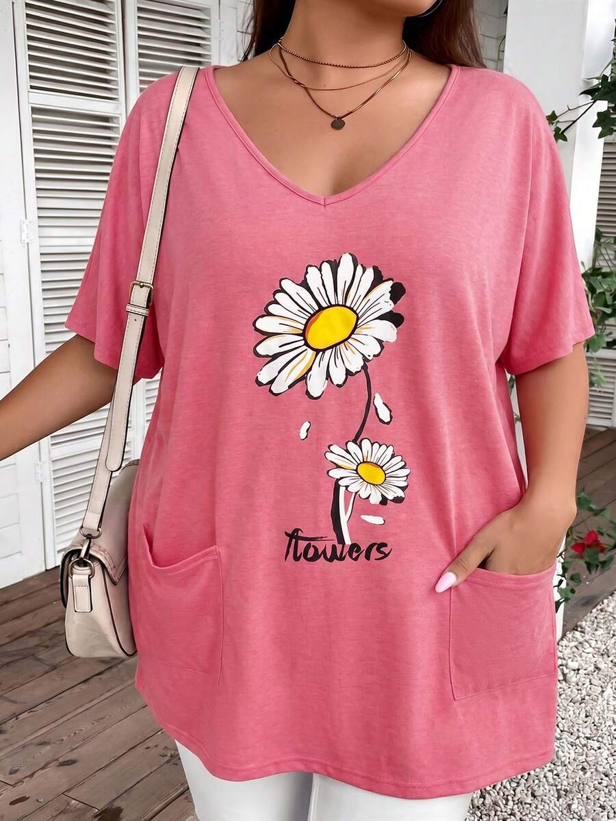 SHEIN CURVE+ Plus Size V-Neck Daisy Print + Pocket Long Loose Casual T-Shirt - Pink - View 1
