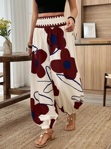 Elouméa 女款春夏度假彈性腰燈籠褲，女款休閒度假長褲，時尚花卉印花，夏季穿搭 - 彩色 - 查看 3