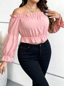 Vionelle Blusa corta con hombros descubiertos, mangas con volantes, ribete de volantes y top peplum talla grande - Rosa coral - Ver 6