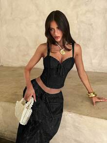 Opulessa Spring/Summer Vacation Solid Color Woven Women's Tank Top Going Out Black Floral Sexy - Black - View 7