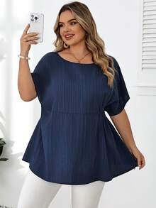 SHEIN CURVE+ Plus Size Women's Vacation Casual Striped Ruffle Hem Shirt - Blue - View 7