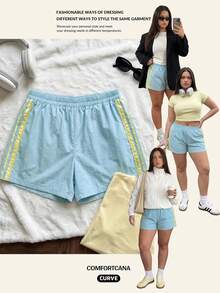 Comfortcana 大尺碼女款彈性腰對比蕾絲寬鬆休閒短褲，夏季女裝 - 淺藍色 - 查看 3