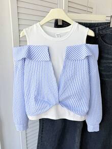 SHEIN Tween Girl Striped Minimalist 2 In 1 Patchwork Casual Long Sleeve Blouse , Fall/Winter - Blue and White - View 7