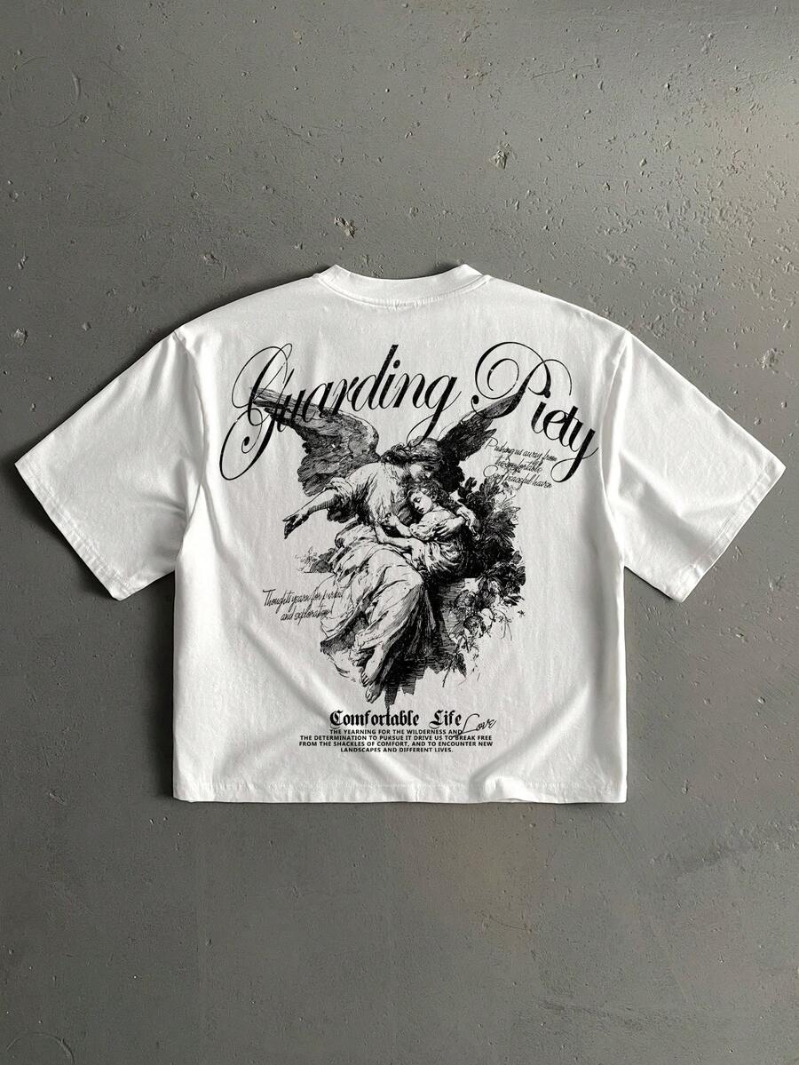 Manfinity ZONE917 Boxy Cropped Loose Gothic Angel Graphic White Oversized T-Shirt, Suitable For Spring And Summer, Gift For Friends - White - View 1