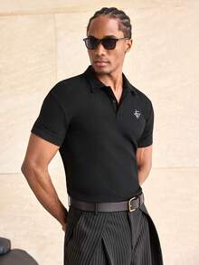 ESTAVOR 男士字母刺繡短袖休閒 Polo 衫 - 黑色 - 查看 5