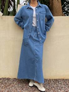 DAZY Women's Casual Striped Pocket Shirt And Denim Skirt 2-Piece Suit, Spring/Summer - Blue - View 7