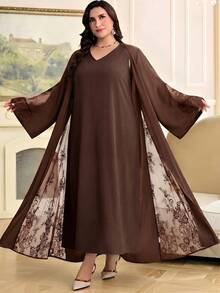 Al Najma Plus Size Women's Contrast Lace Long Sleeve Abaya - Coffee Brown - View 6