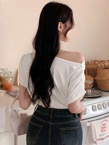 DAZY 女款純色不對稱肩時尚休閒T恤 夏季 - 白色 - 查看 5