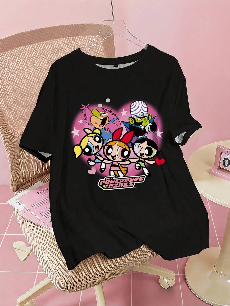THE POWERPUFF GIRLS X SHEIN Plus Size Crew Neck Short Sleeve Casual Cute Printed T-Shirt - White - View 1