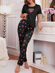 SHEIN Casual Underwear&Sleepwear 女款草莓印花圓領短袖上衣與長褲睡衣套裝 - 彩色 - 查看 5