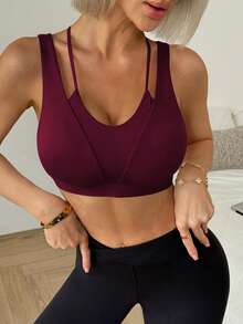 SHEIN Sports 女款素色休閒日常運動內衣 - 酒紅色 - 查看 6
