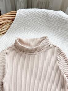 Baby Girl Solid Color Ribbed Texture Long Sleeve Turtleneck Versatile Casual Autumn Bodysuit - Apricot - View 7