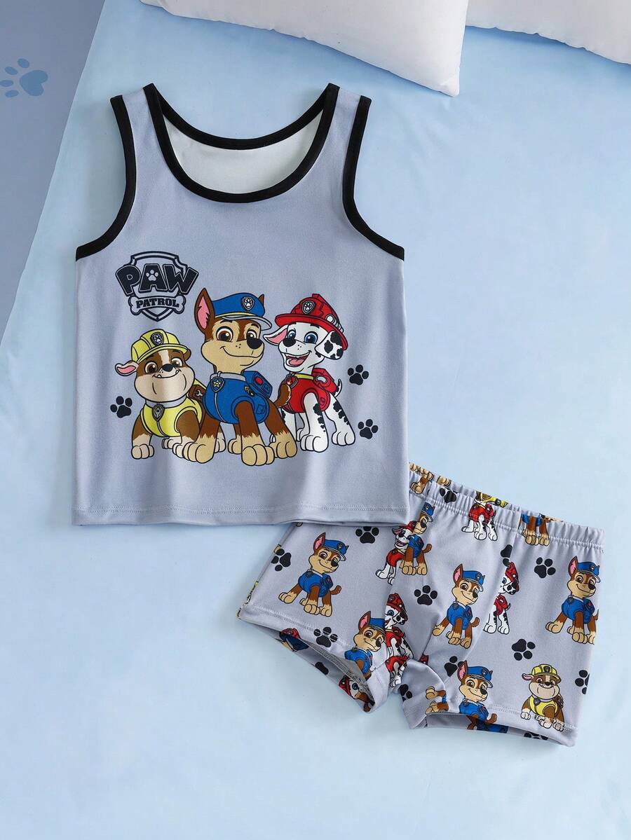 SHEIN | PAW Patrol 小男孩卡通印花背心與四角內褲 2件組 - 深灰色 - 查看 1