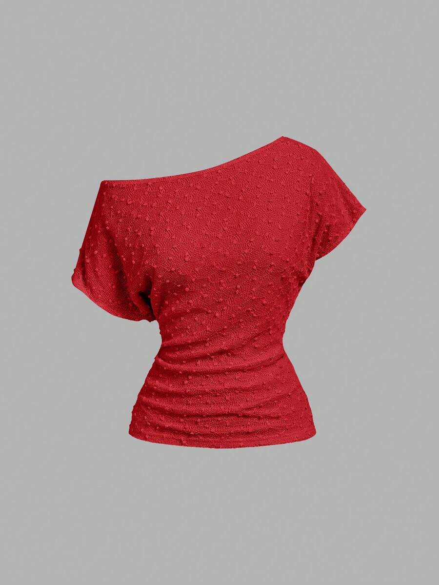 SHEIN MOD Spring Summer Casual Versatile Asymmetric Shoulder Ruched T-Shirt - Red - View 1