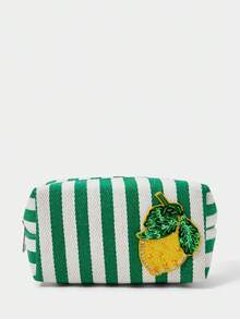 SHECARRY 女士時尚綠白條紋檸檬刺繡化妝包，水鑽裝飾帆布收納袋，便攜美妝包 - 綠色 - 查看 2