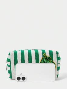 SHECARRY 女士時尚綠白條紋檸檬刺繡化妝包，水鑽裝飾帆布收納袋，便攜美妝包 - 綠色 - 查看 6