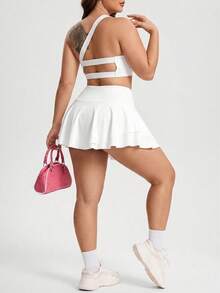SHEIN Sports 2PCS Spring/Summer Plus Size Women's Sports Set, One-Shoulder Removable Padded Bra Top And Double-Layer Ruffle Skirt With Built-In Leggings And Pockets, Suitable For Casual Wear, Running, Yoga, Gym, Tennis, Golf, Cycling - White - View 3