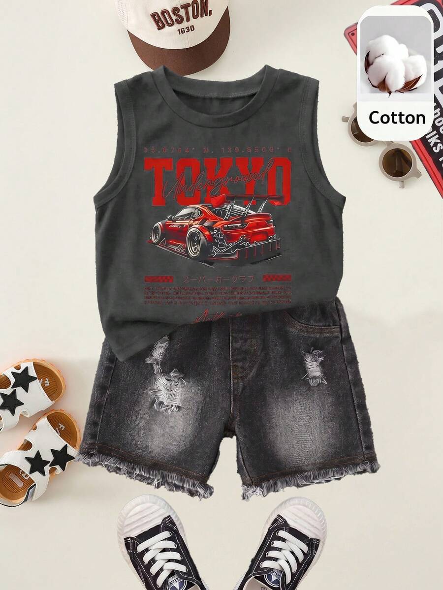 SHEIN 2pcs/Set Baby Boy Street Style Cute Versatile Knit Car Pattern Print Tank Top & Denim Shorts Set, Tank Top Set, Denim Set, Racing Set - Multicolor - View 1
