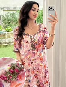 Al Najma Spring/Summer French Lace Square Neck Printed Gentle Short Sleeve Elegant Dress - Multicolor - View 7