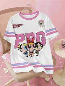 THE POWERPUFF GIRLS X SHEIN Tween Girl Letter Print Crew Neck Short Sleeve Casual T-Shirt - White - View 1